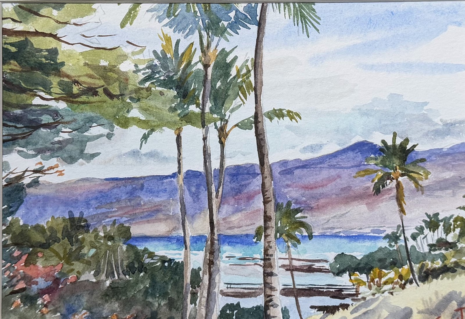 Watercolour of tall palms and trees framing a blue bay, with violet mountains across the water