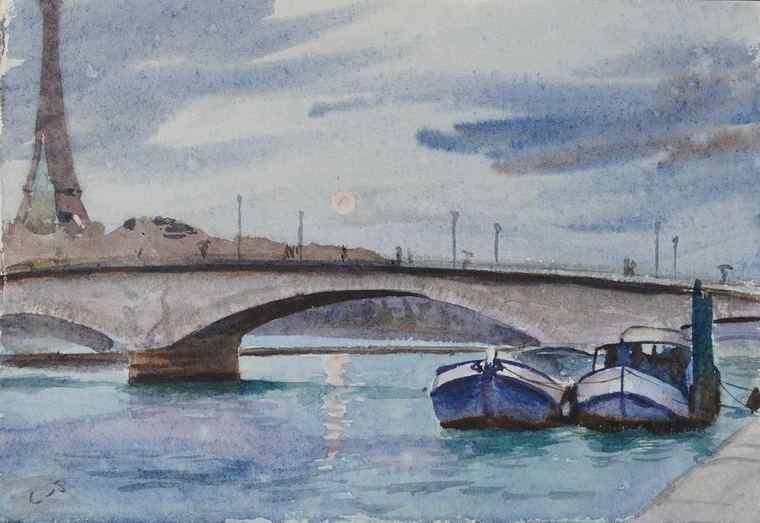 Watercolour of the Seine with a bridge and the Eiffel Tower