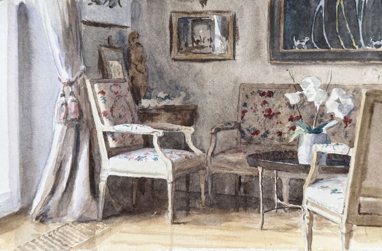 Watercolour of a salon with two flowered chairs, a small table and a curtained window